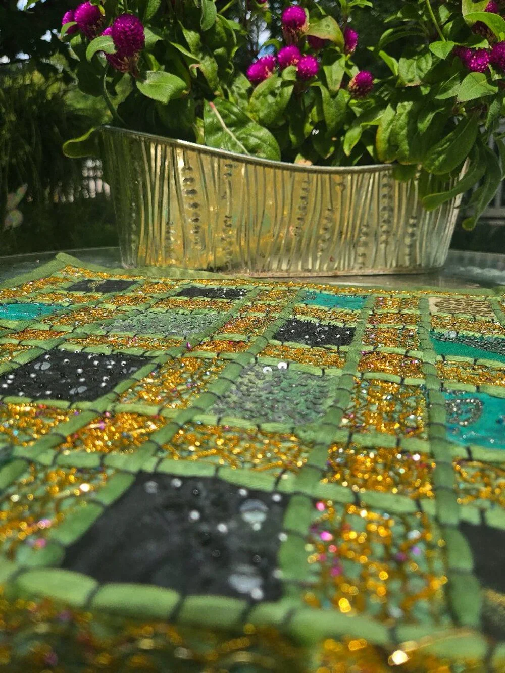 Vintage Pier 1 Imports Beaded Patchwork Placemat – Green & Gold Boho Table Decor